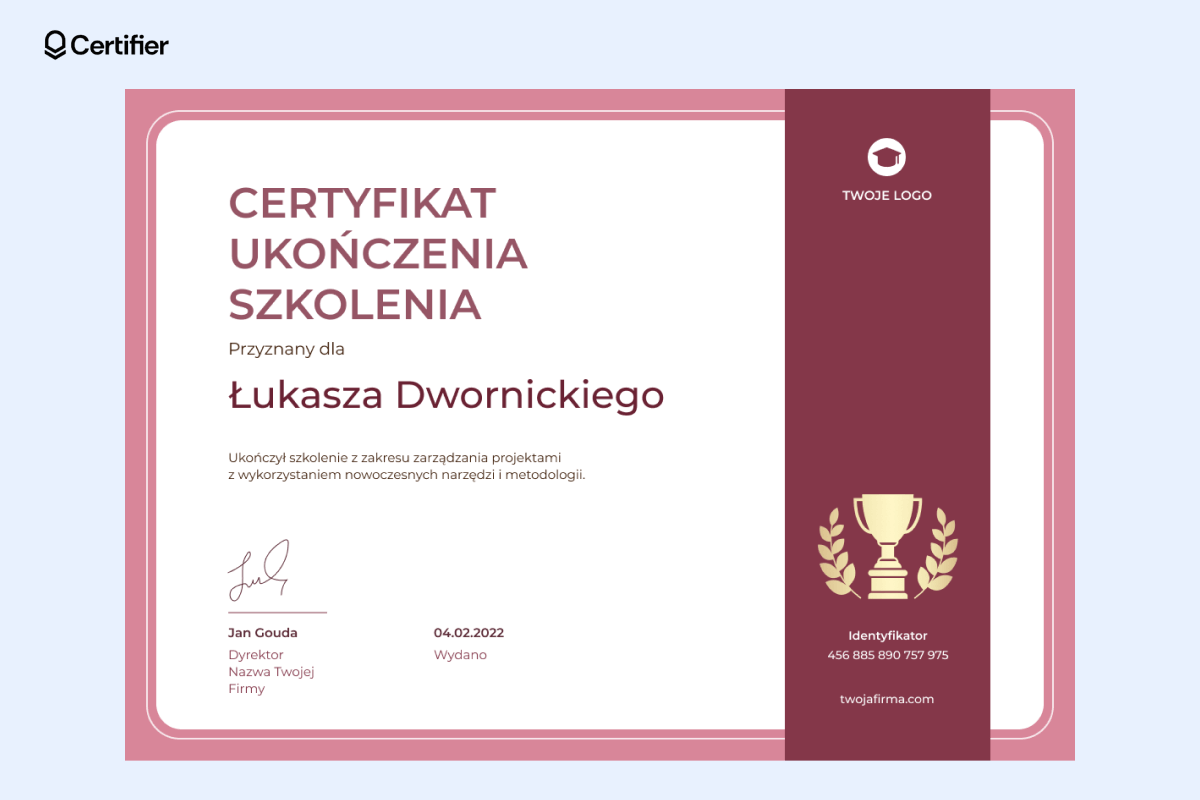 Bordowy certyfikat ukończenia szkolenia. Bordowy certyfikat ukończenia szkolenia.