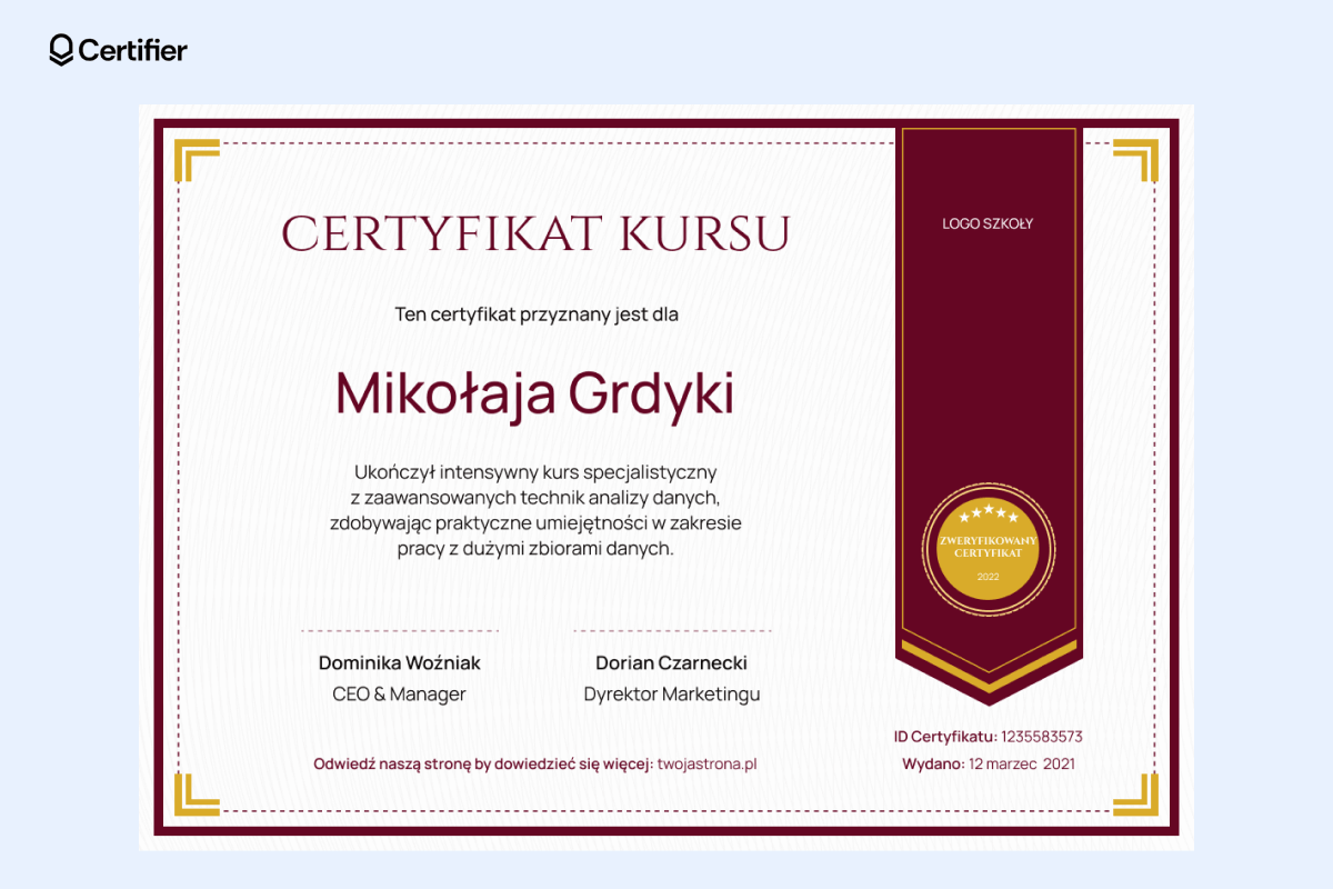 Certyfikat kursu z bordową wstążką i złotą odznaką. Certyfikat kursu z bordową wstążką i złotą odznaką.