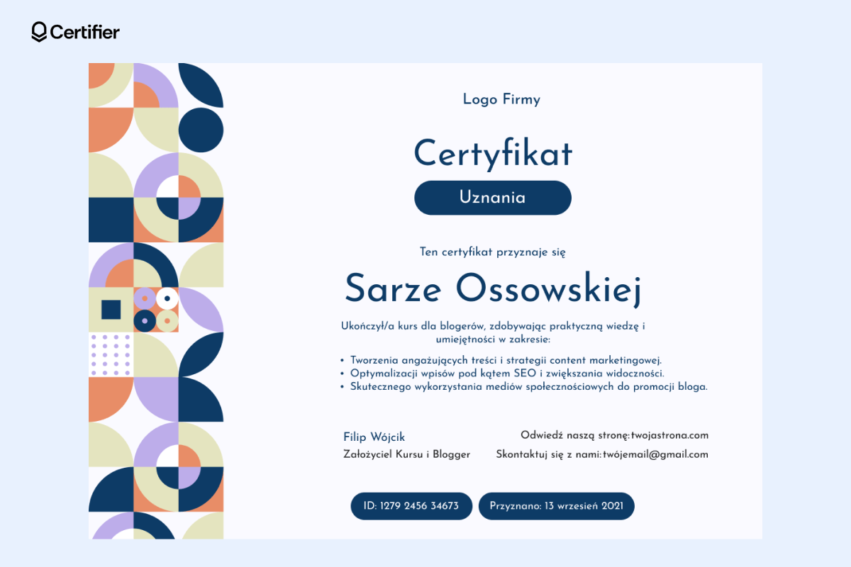 Kolorowy certyfikat z geometrycznymi elementami po lewej stronie. Kolorowy certyfikat z geometrycznymi elementami po lewej stronie.