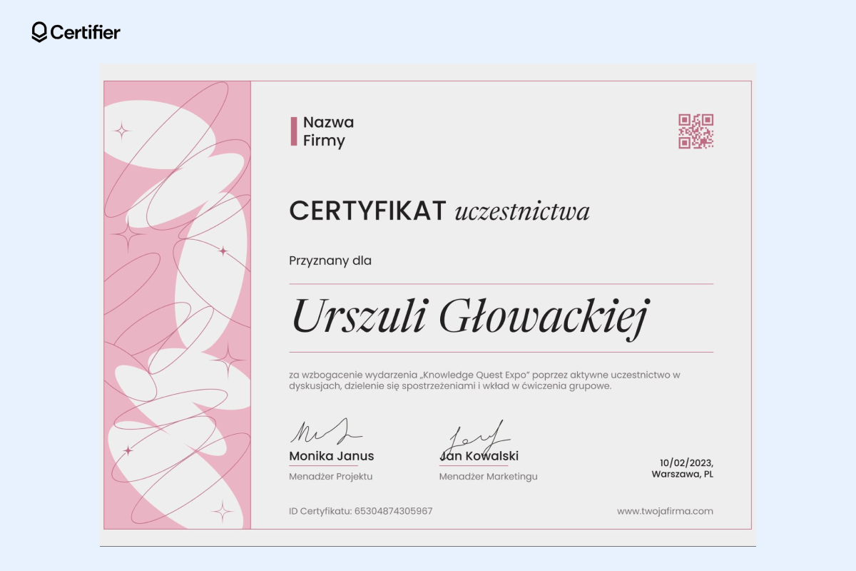 Różowy certyfikat do druku. Różowy certyfikat do druku.