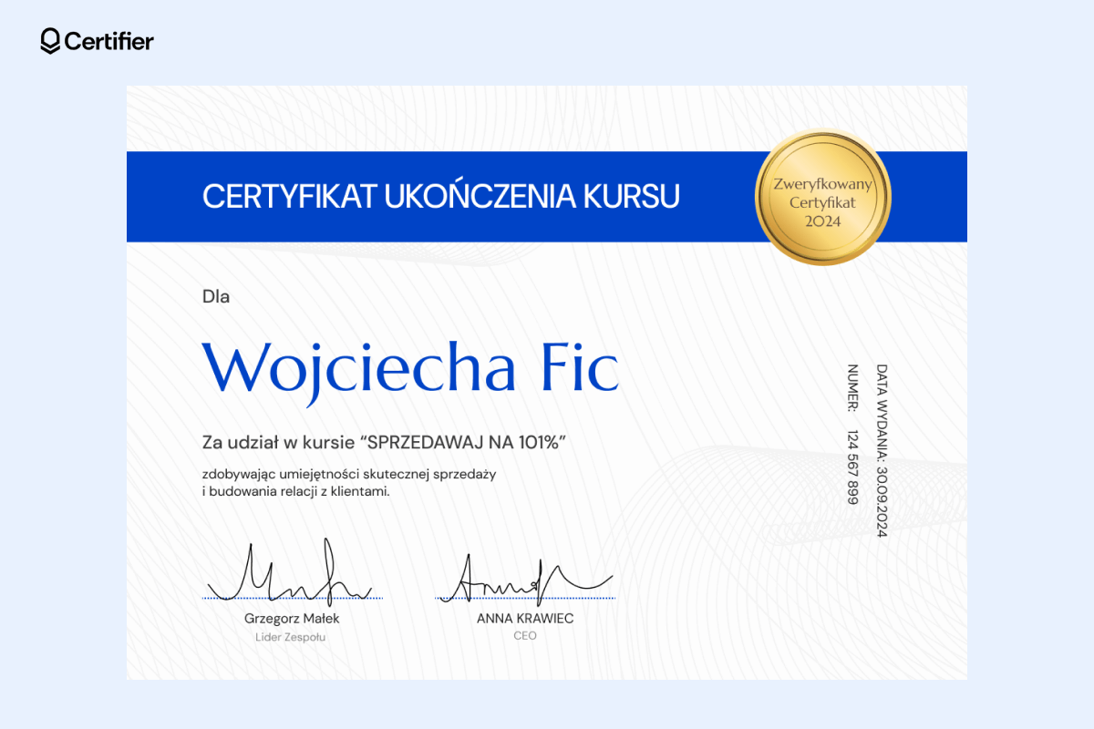 Certyfikat ukończenia kursu z niebieską wstążką u góry. Certyfikat ukończenia kursu z niebieską wstążką u góry.
