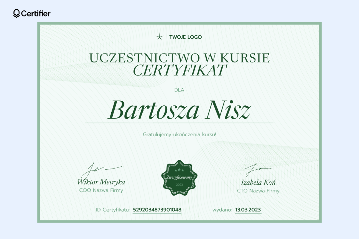 Certyfikat do druku za darmo w zielonej wersji. Certyfikat do druku za darmo w zielonej wersji.