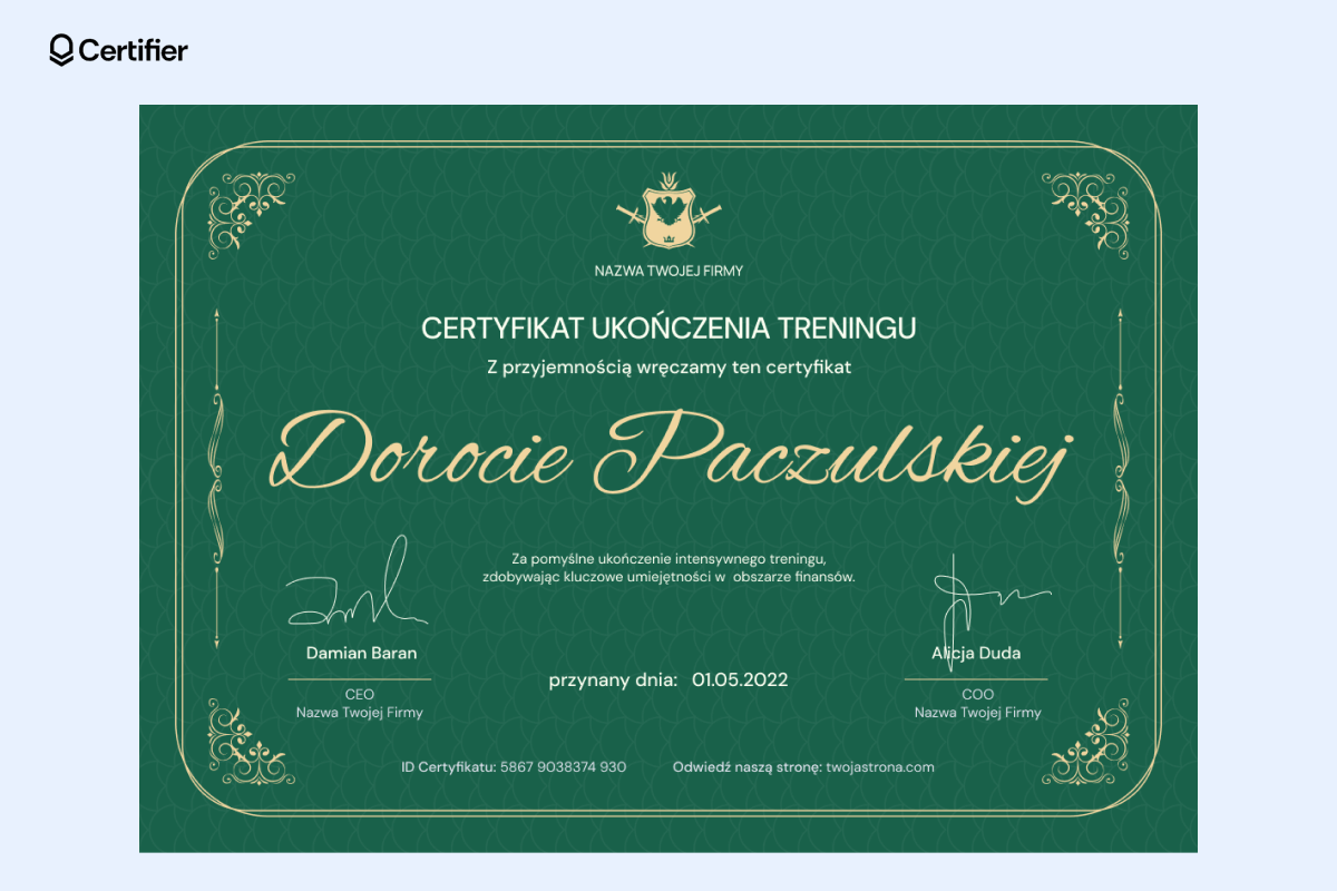 Zielony certyfikat ukończenia treningu. Zielony certyfikat ukończenia treningu.