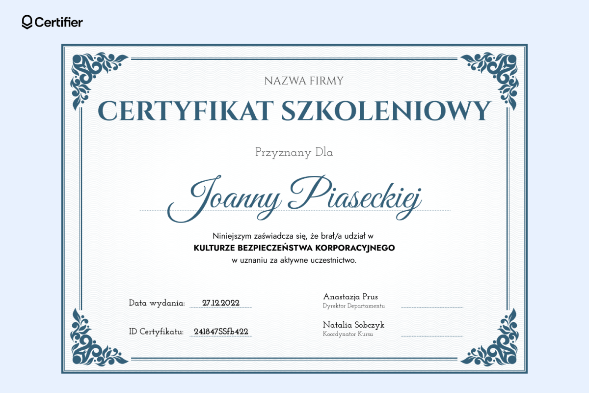Elegancki certyfikat szkoleniowy. Elegancki certyfikat szkoleniowy.