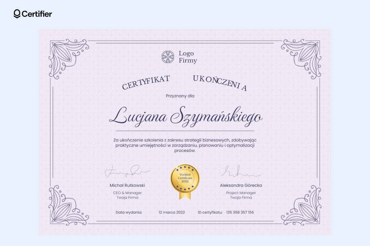 Fioletowy certyfikat ukończenia kursu. Fioletowy certyfikat ukończenia kursu.