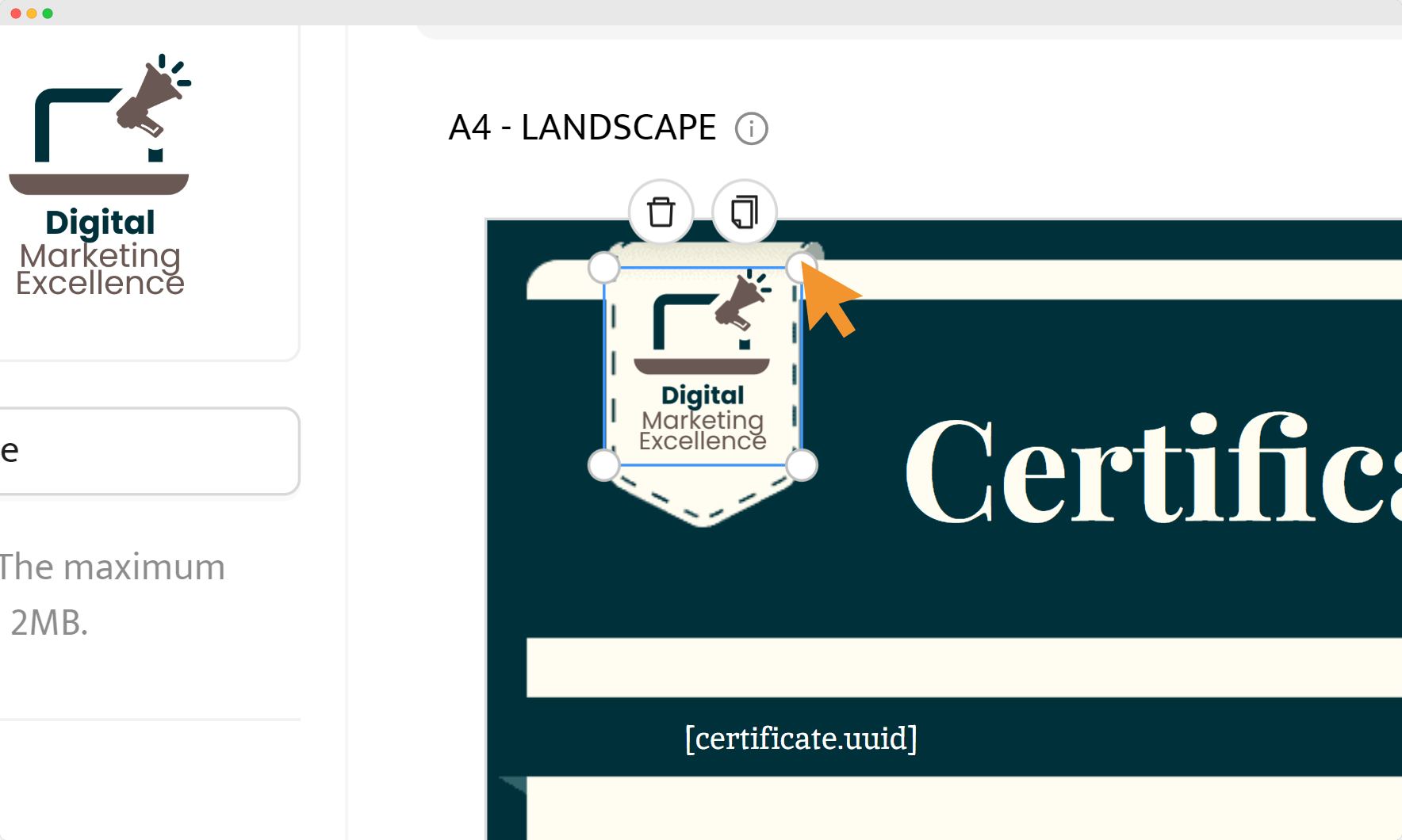 A close-up on the option of resizing a logo on certification of training. A close-up on the option of resizing a logo on certification of training.