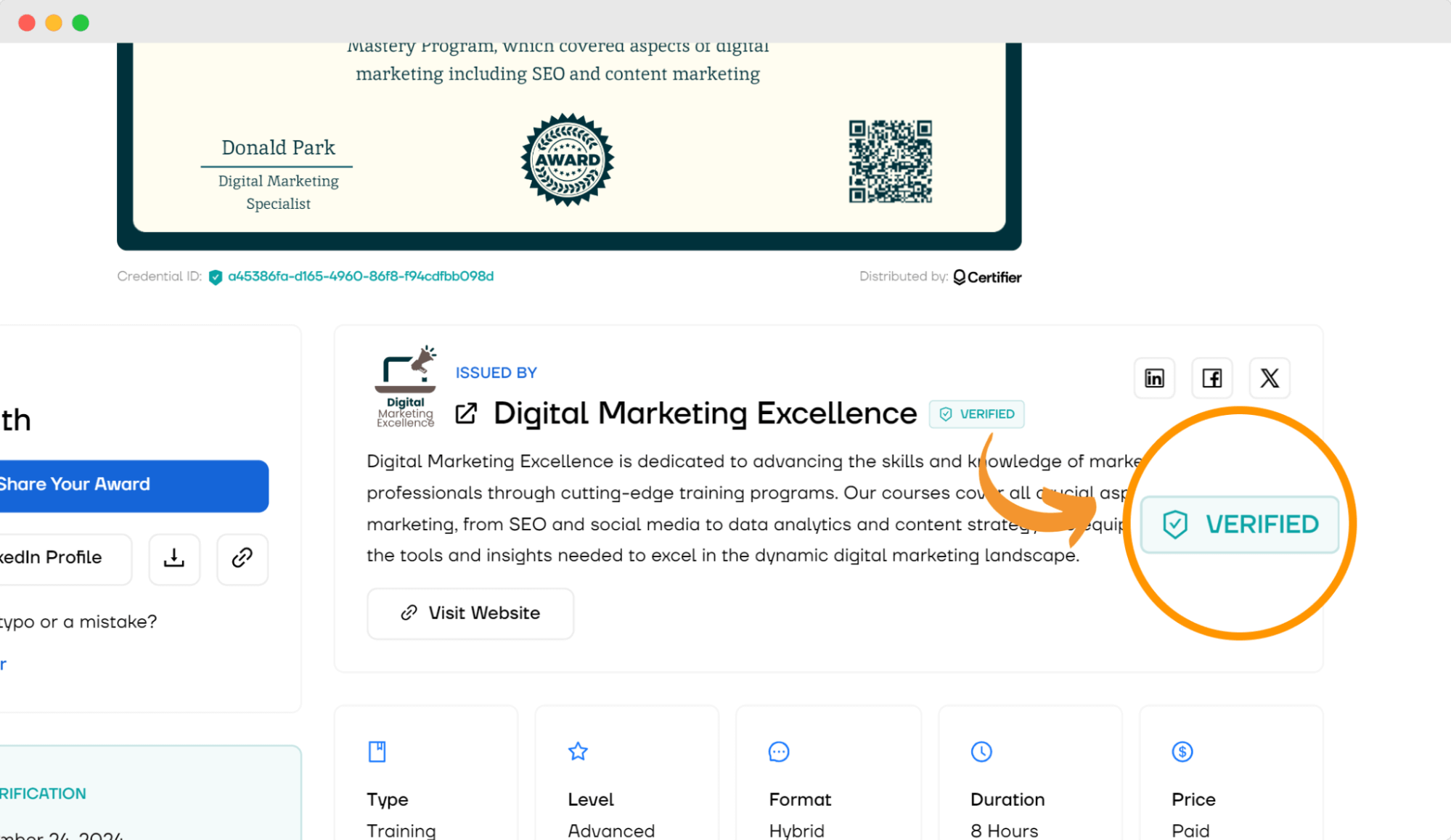 Certifier’s digital wallet closeup. The certificate is issued by Certifier’s digital wallet closeup. The certificate is issued by