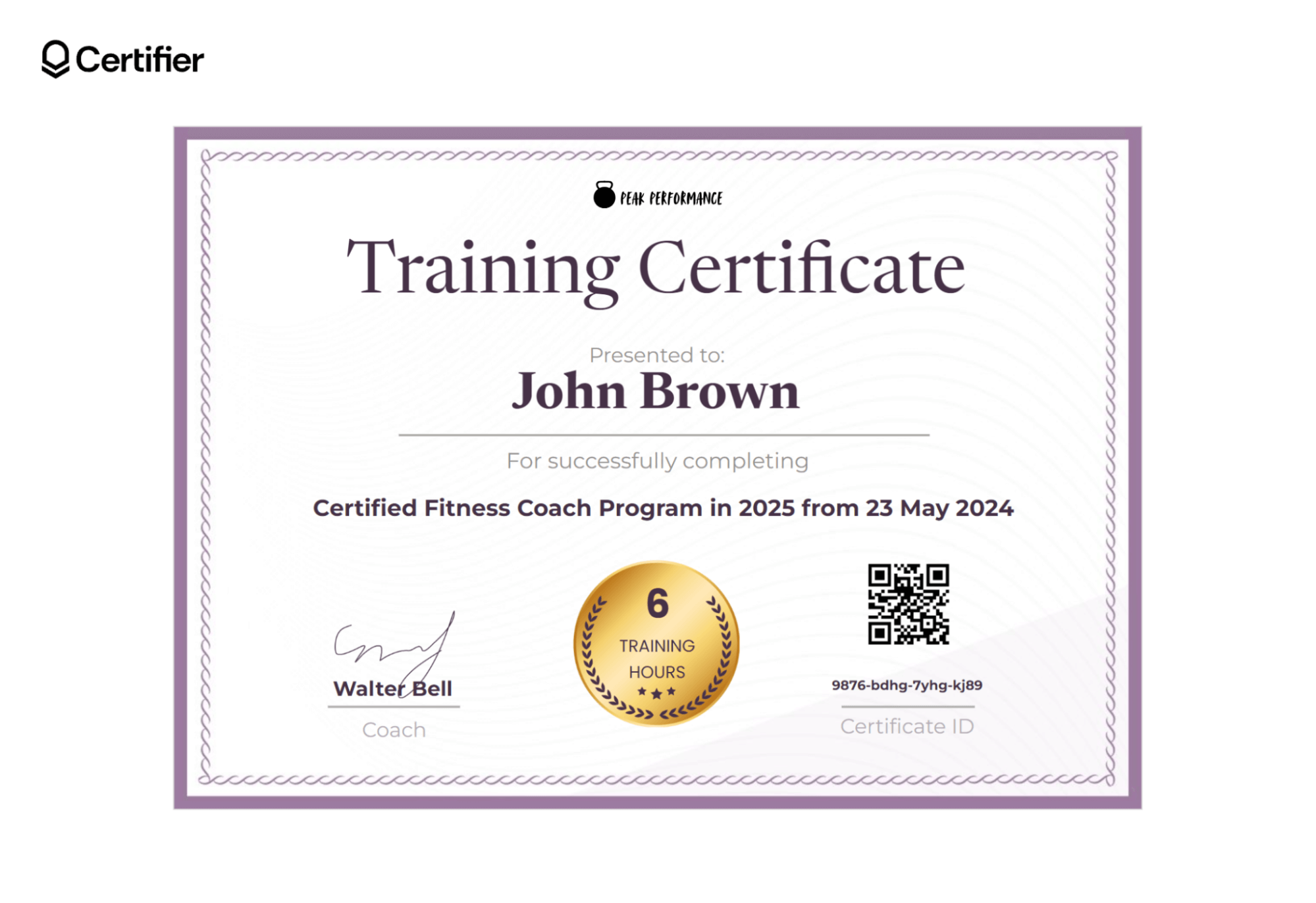 A personal training certificate that celebrates the completion of a certified fitness coach program with a focus on training hours. A personal training certificate that celebrates the completion of a certified fitness coach program with a focus on training hours.