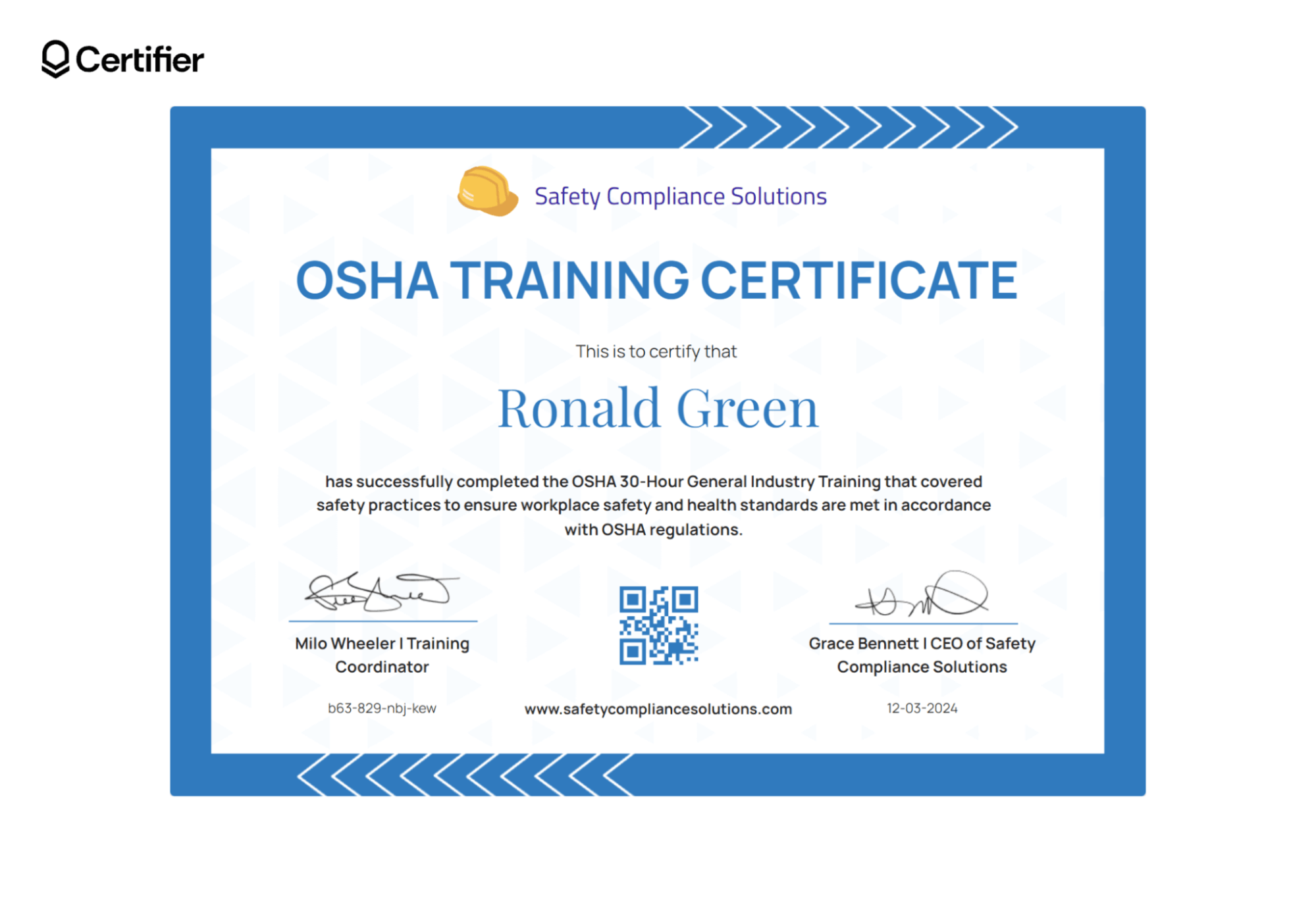 An example of an OSHA training certifier available in Certifier. The color palette is blue, and it has all the necessary details included, such as a QR code, signatures, title, recipient's name, etc. An example of an OSHA training certifier available in Certifier. The color palette is blue, and it has all the necessary details included, such as a QR code, signatures, title, recipient's name, etc.