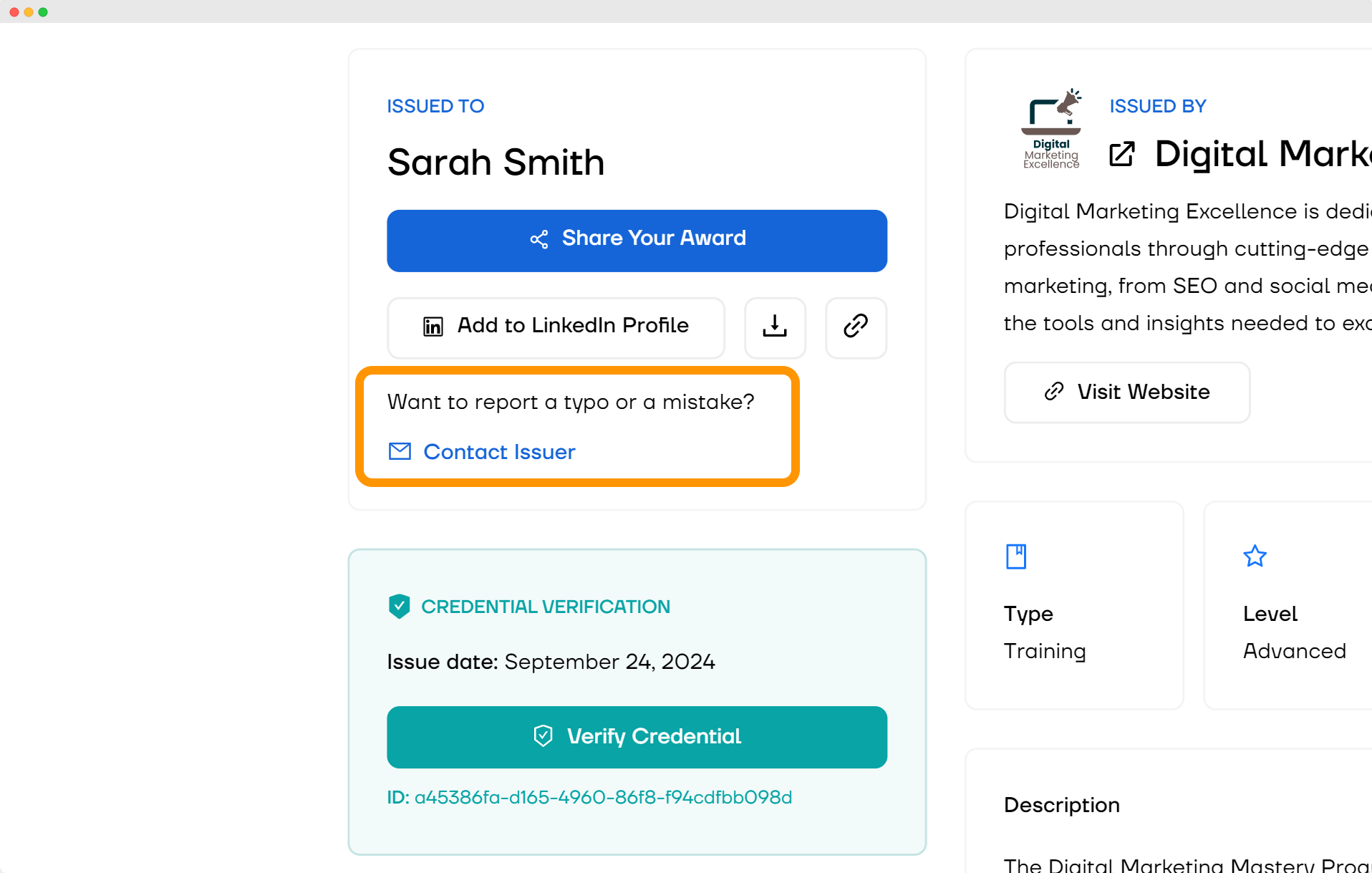 A close-up of Certifier’s digital wallet, showing an option to report typos or mistakes via a A close-up of Certifier’s digital wallet, showing an option to report typos or mistakes via a