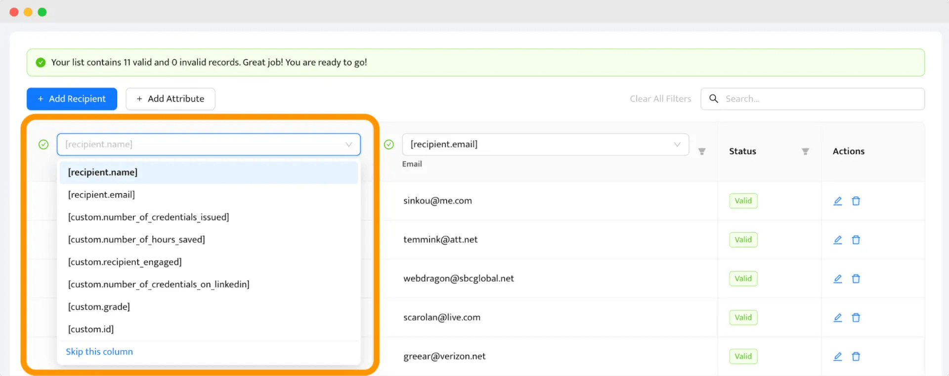 Certifier’s dropdown menu where recipients are being added as one of the steps of how to create training certificate. The dropdown menu shows attribute options such as recipient name, email, and custom fields. Certifier’s dropdown menu where recipients are being added as one of the steps of how to create training certificate. The dropdown menu shows attribute options such as recipient name, email, and custom fields.