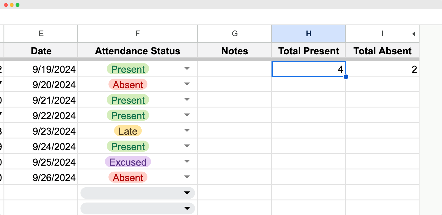 A detailed view of an attendance sheet with multiple dates, displaying different attendance statuses like A detailed view of an attendance sheet with multiple dates, displaying different attendance statuses like