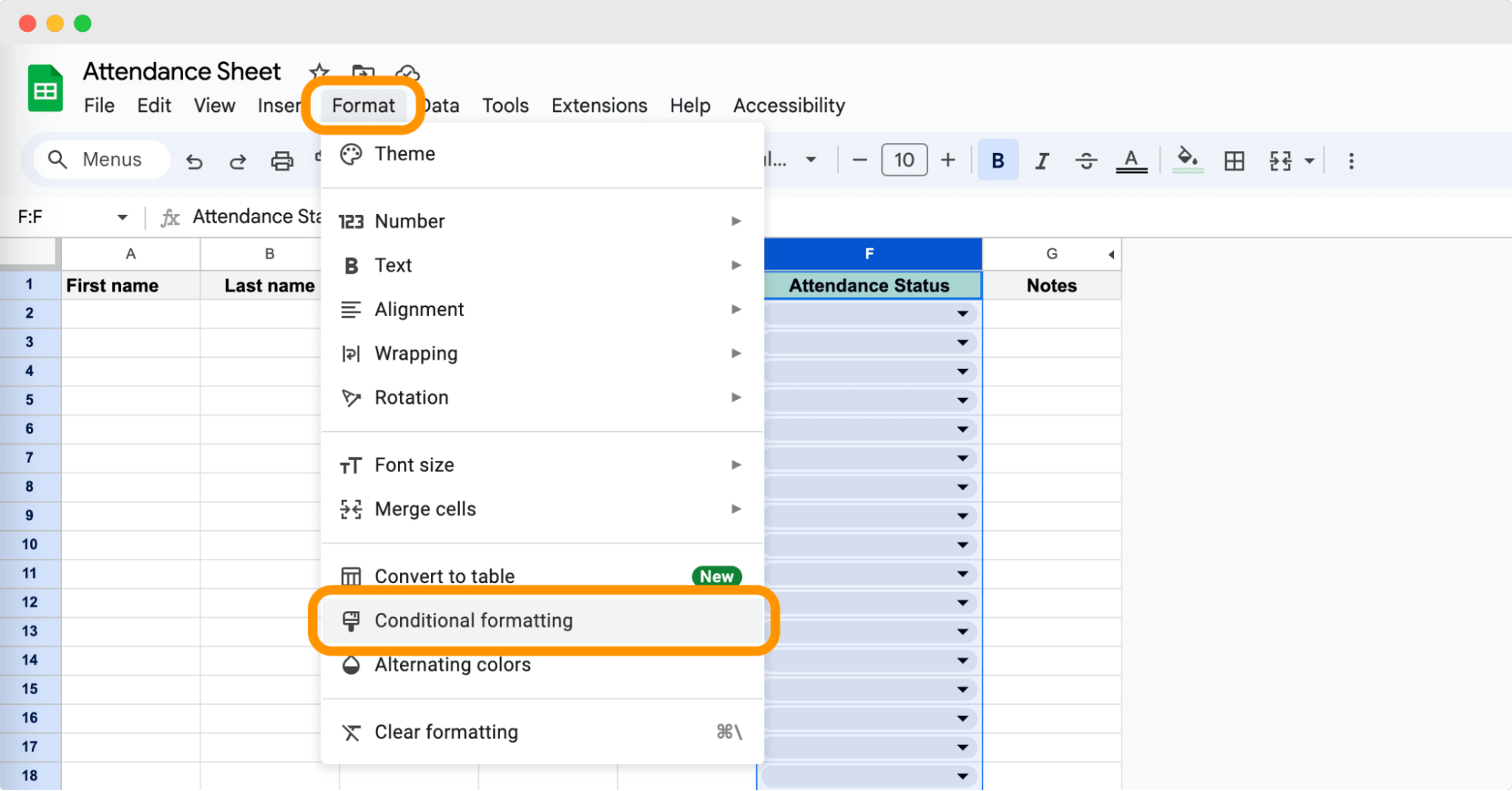 A Google Sheets attendance sheet with the A Google Sheets attendance sheet with the