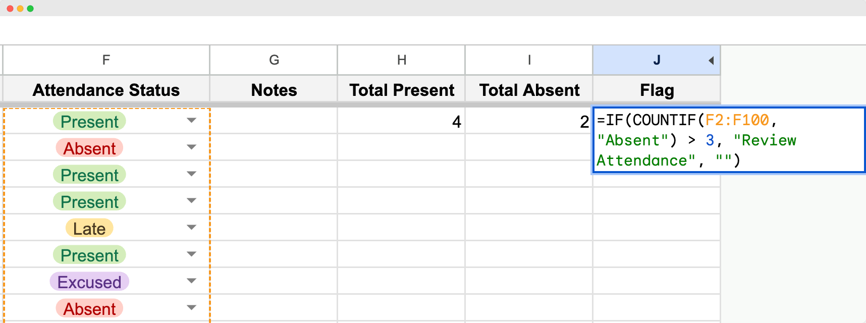 A section of an attendance sheet in Google Sheets showing various attendance statuses such as A section of an attendance sheet in Google Sheets showing various attendance statuses such as