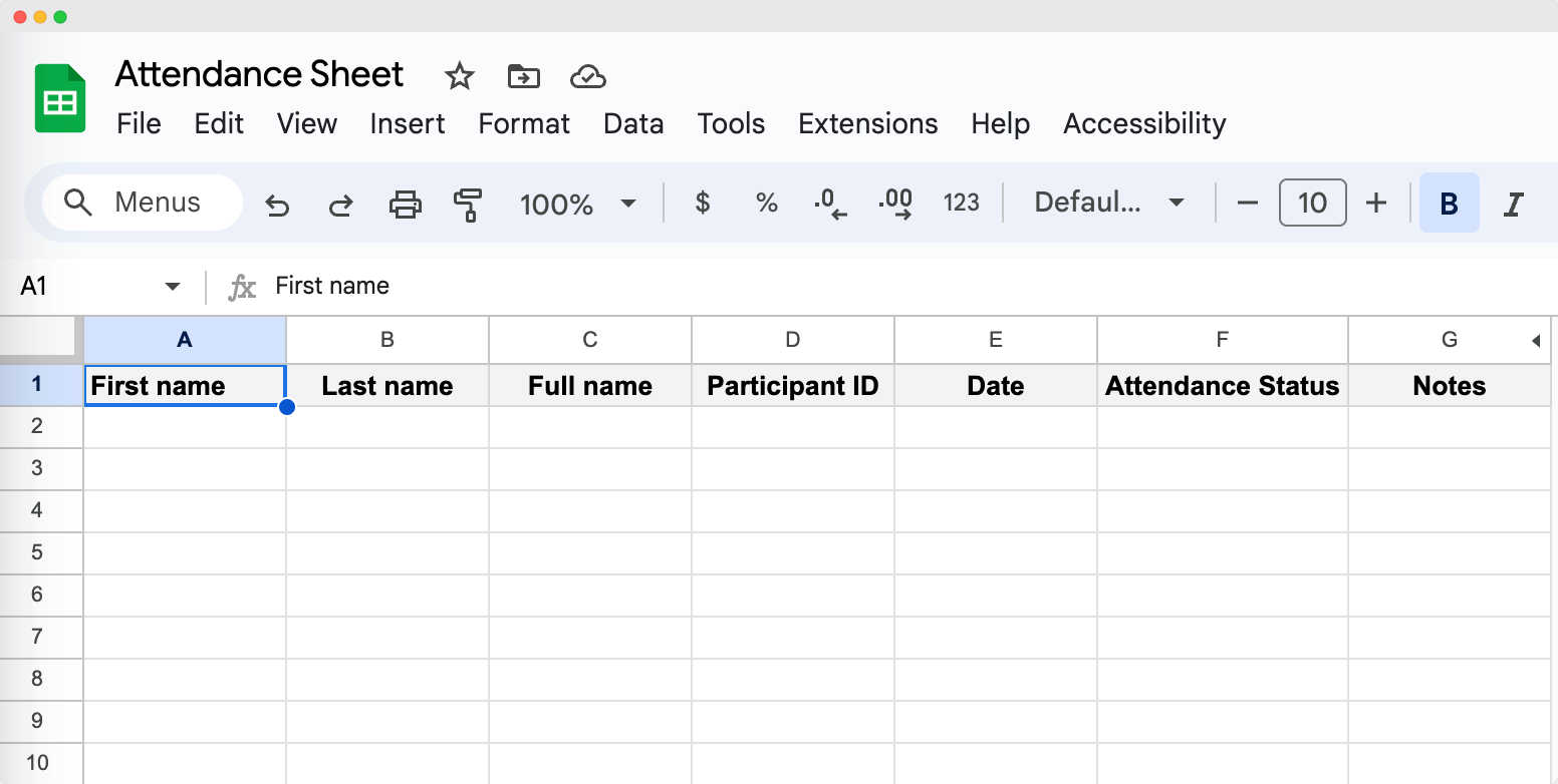 A Google Sheets attendance register demonstrating the use of formulas to automatically generate a full name from first and last names, and to organize attendance statuses. A Google Sheets attendance register demonstrating the use of formulas to automatically generate a full name from first and last names, and to organize attendance statuses.
