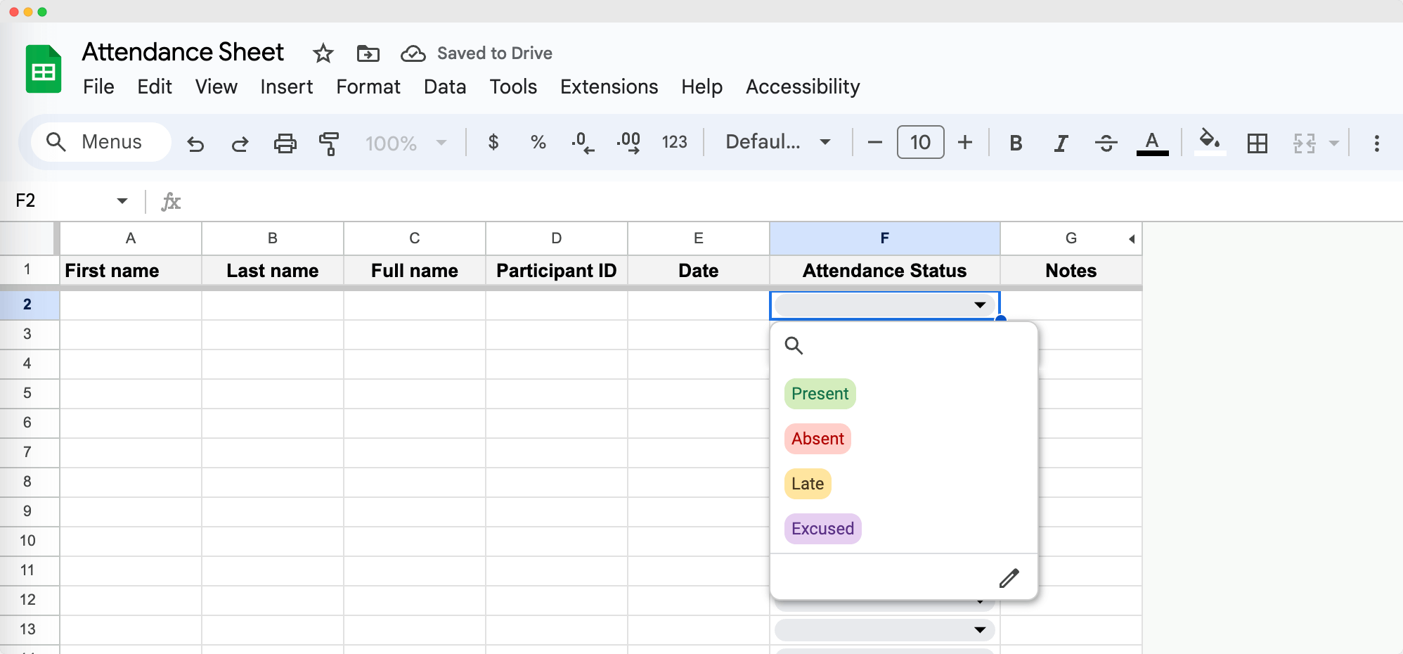 A Google Sheets attendance sheet showing how to make an attendance sheet by selecting A Google Sheets attendance sheet showing how to make an attendance sheet by selecting