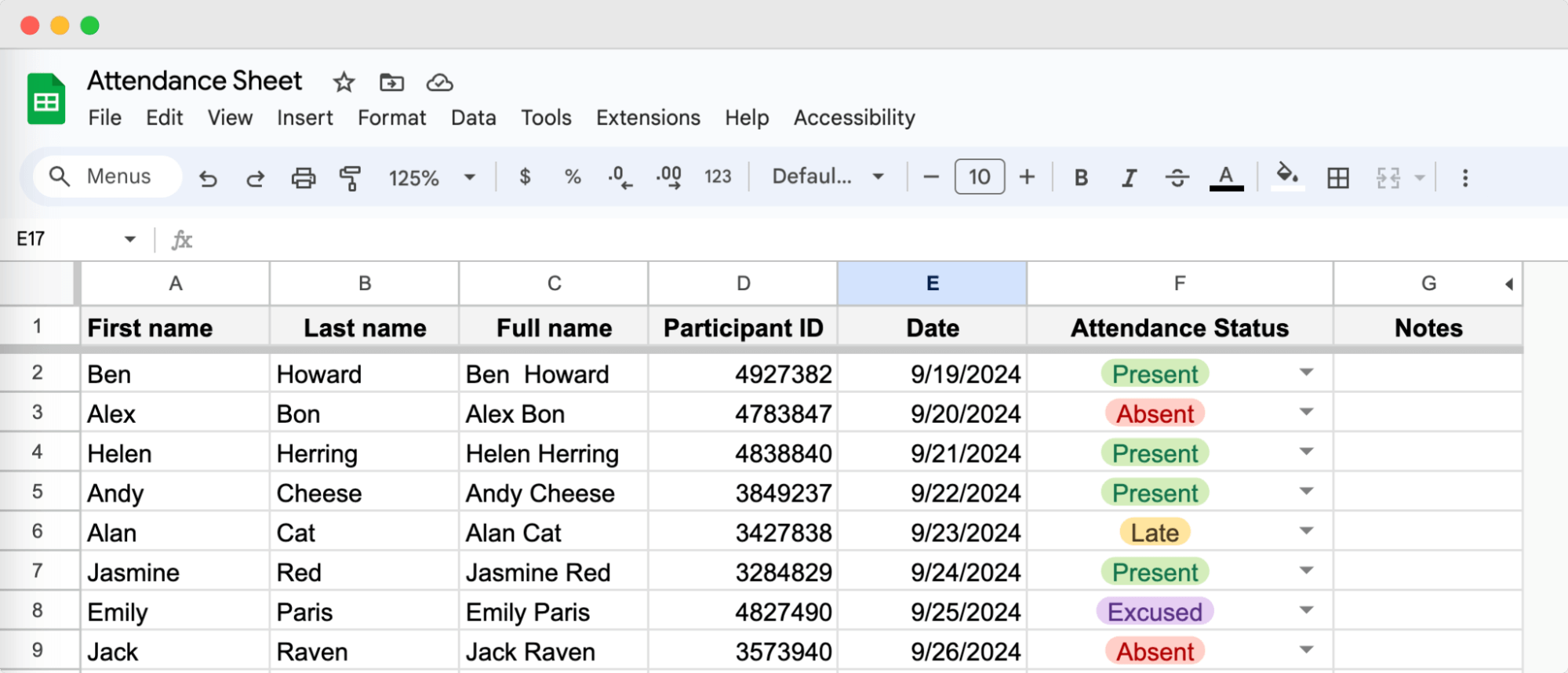 An example of an attendance sheet in Google Sheets with entries showing names, participant IDs, dates, and attendance statuses like An example of an attendance sheet in Google Sheets with entries showing names, participant IDs, dates, and attendance statuses like