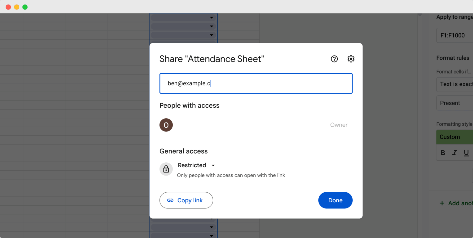 A Google Sheets sharing window, demonstrating how to create an attendance sheet and share it with others by entering their email addresses and setting access permissions. A Google Sheets sharing window, demonstrating how to create an attendance sheet and share it with others by entering their email addresses and setting access permissions.