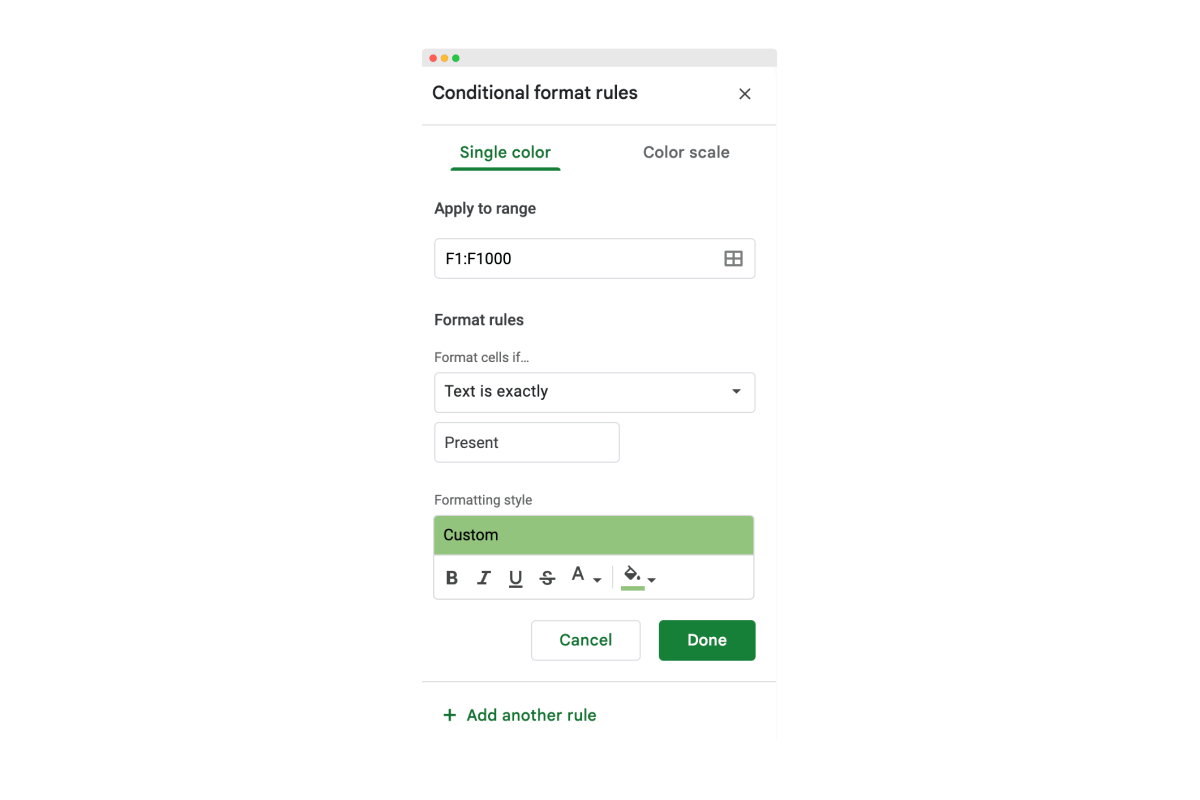 A conditional formatting menu in Google Sheets showing settings for customizing cell formats based on attendance statuses like A conditional formatting menu in Google Sheets showing settings for customizing cell formats based on attendance statuses like