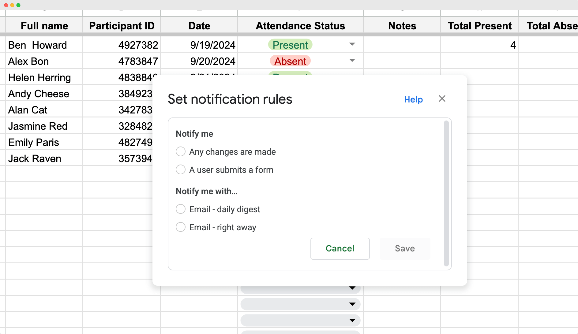 A Google Sheets notification settings window, showing how to make an attendance sheet that notifies users of any changes via email or form submissions. A Google Sheets notification settings window, showing how to make an attendance sheet that notifies users of any changes via email or form submissions.