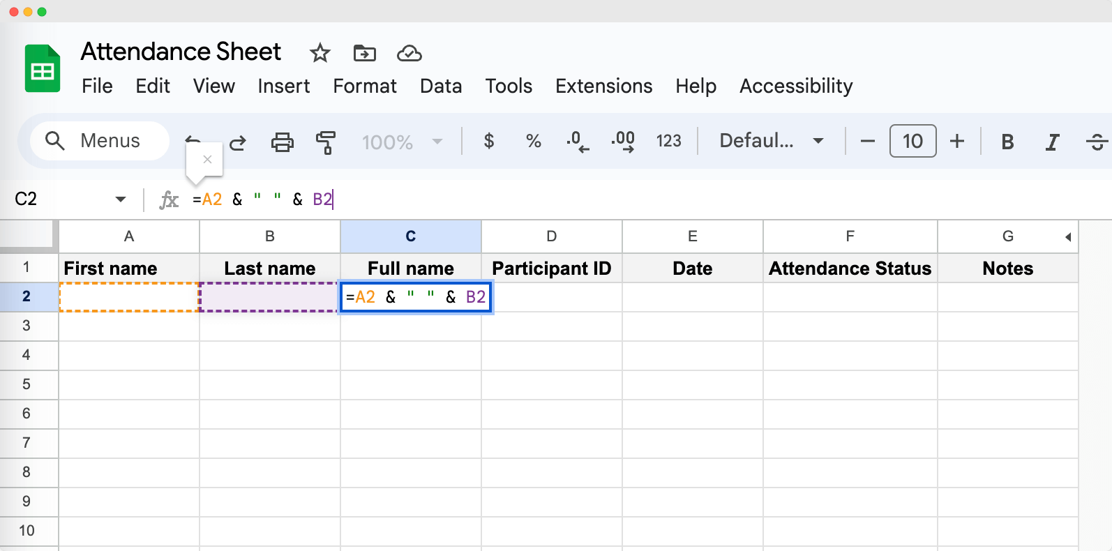 A Google Sheets attendance register demonstrating the use of formulas to automatically generate a full name from first and last names, and to organize attendance statuses. A Google Sheets attendance register demonstrating the use of formulas to automatically generate a full name from first and last names, and to organize attendance statuses.
