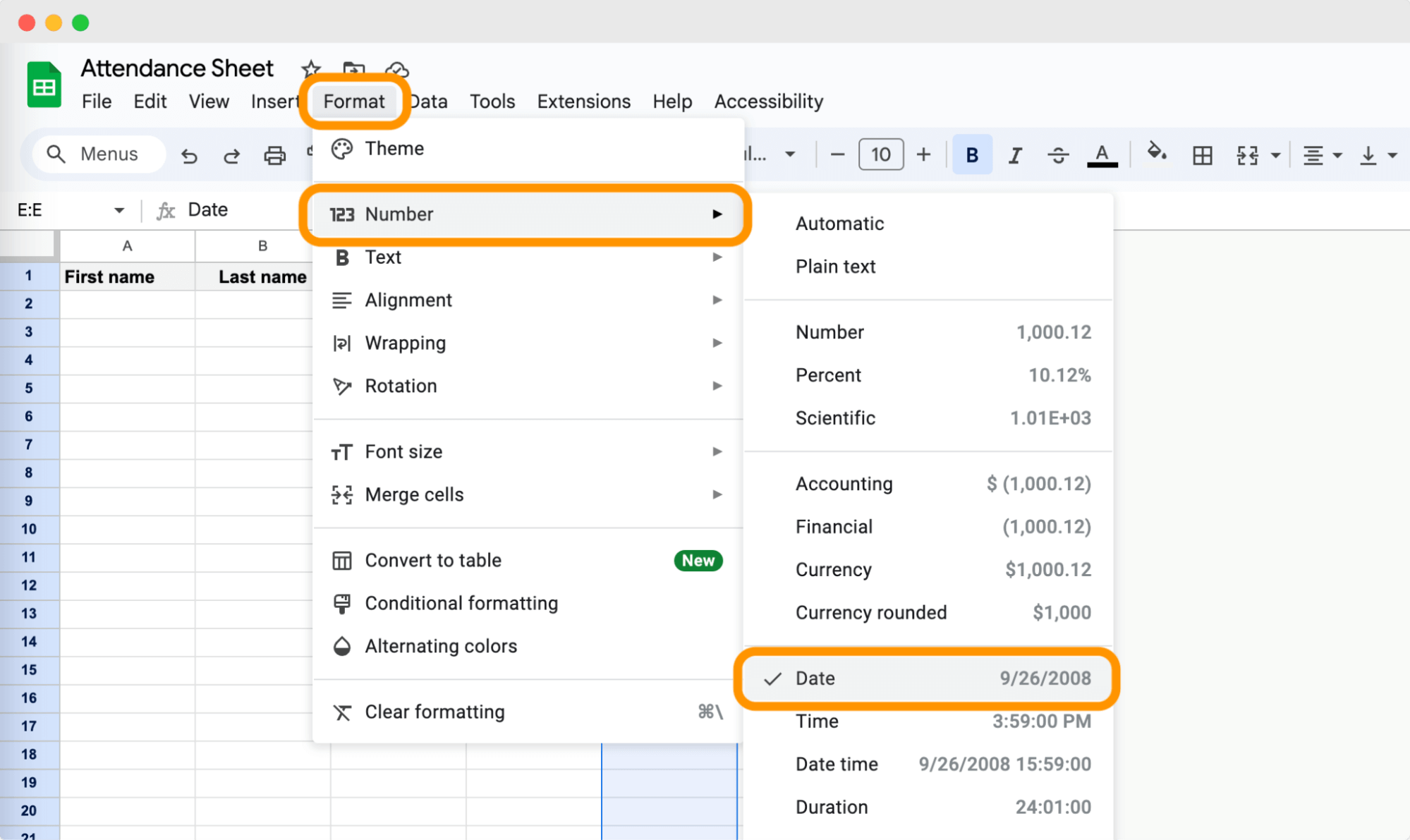 A Google Sheets attendance sheet with the A Google Sheets attendance sheet with the