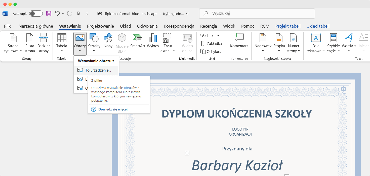 Jak zrobić dyplom w wordzie - interfejs Microsoft Word z przykładowym szablonem dyplomu. Jak zrobić dyplom w wordzie - interfejs Microsoft Word z przykładowym szablonem dyplomu.