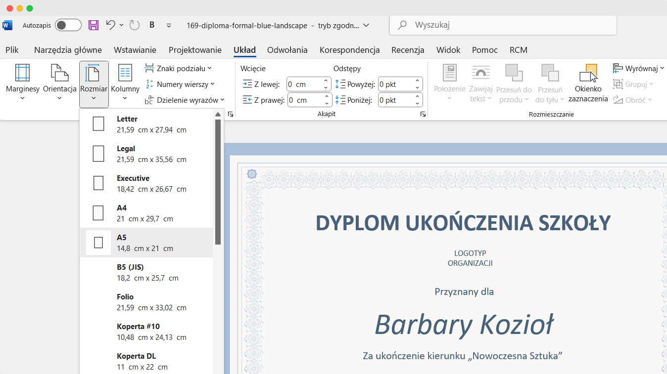 Projekt dyplomu - opcje układu strony w Microsoft Word. Projekt dyplomu - opcje układu strony w Microsoft Word.