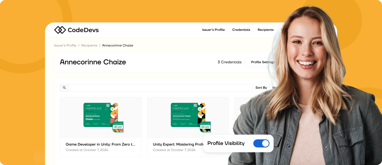 A smiling woman placed in front of her recipient profile. A smiling woman placed in front of her recipient profile.