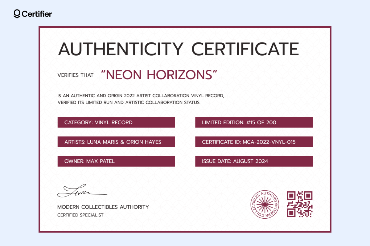 A certificate of authenticity template free download. It’s in red color, while having a white background. The most vital details are displayed in the middle. A certificate of authenticity template free download. It’s in red color, while having a white background. The most vital details are displayed in the middle.