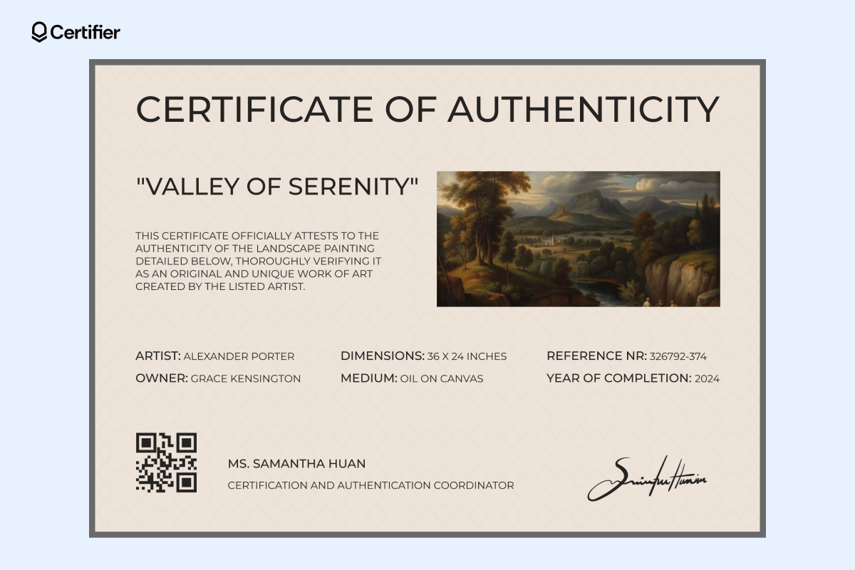 A certificate of authenticity template Word that is in beige colors and features a photo of a painting. A certificate of authenticity template Word that is in beige colors and features a photo of a painting.