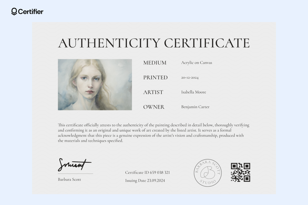 A certificate of authenticity template Google Docs format available with included sections for the medium, print date, artist, owner, and a formal verification statement. A certificate of authenticity template Google Docs format available with included sections for the medium, print date, artist, owner, and a formal verification statement.