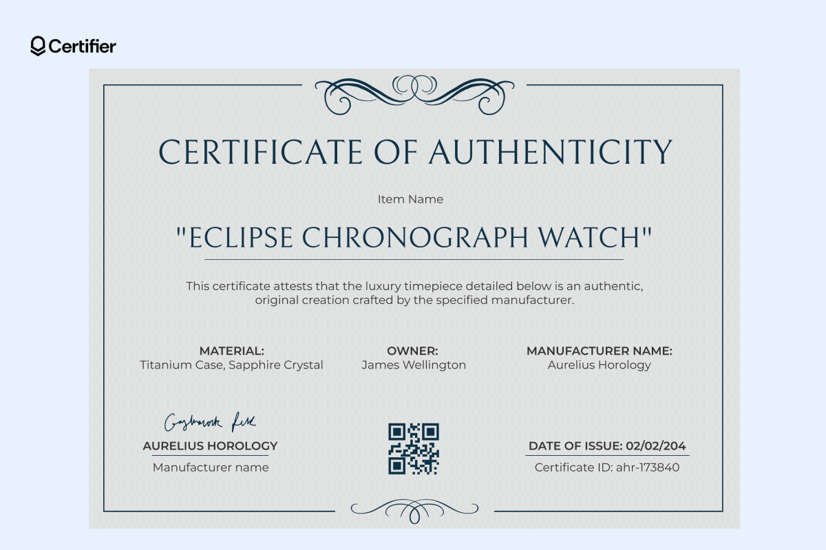A certificate of authenticity template Google Docs for a luxury 'Eclipse Chronograph Watch.' A certificate of authenticity template Google Docs for a luxury 'Eclipse Chronograph Watch.'