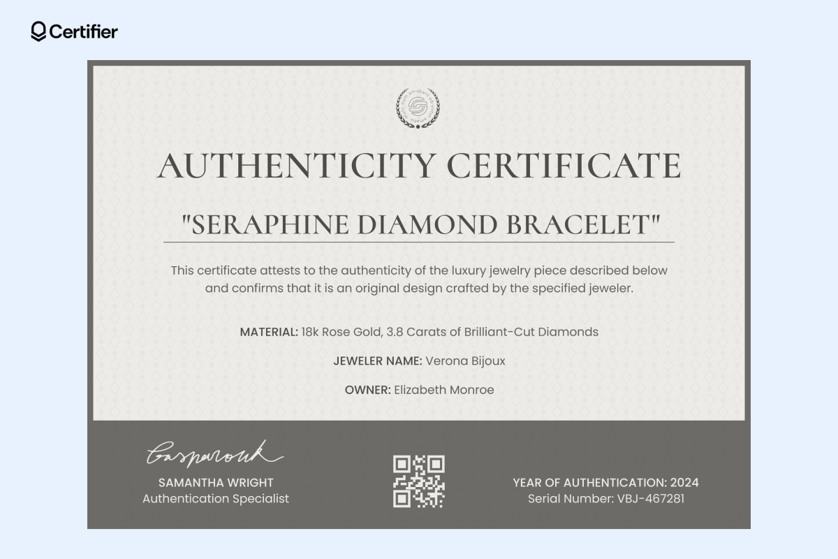 A letter of authenticity template for the 'Seraphine Diamond Bracelet,' confirming its luxury and original design. A letter of authenticity template for the 'Seraphine Diamond Bracelet,' confirming its luxury and original design.