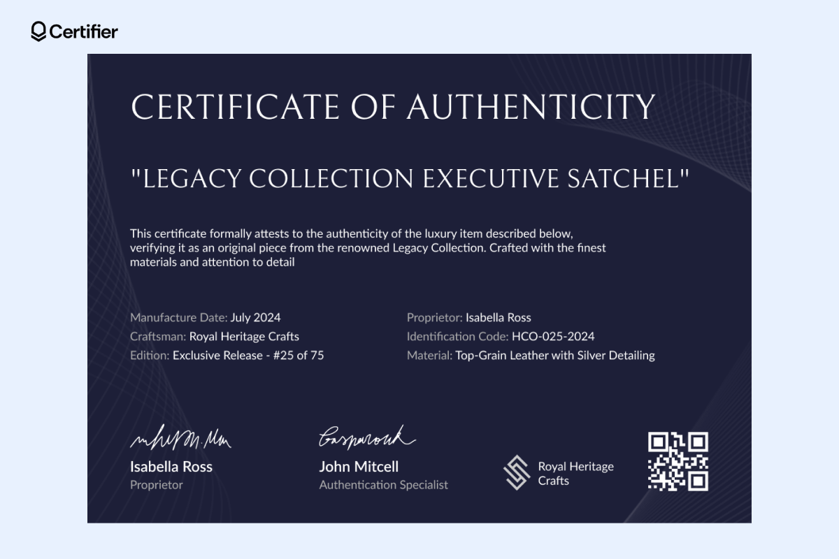 A certificate of authenticity template free download, for the 'Legacy Collection Executive Satchel,' verifying it as part of an exclusive release. A certificate of authenticity template free download, for the 'Legacy Collection Executive Satchel,' verifying it as part of an exclusive release.