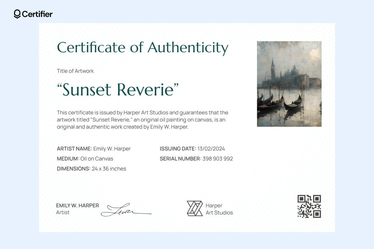 A certificate of authenticity template for the artwork that can prove it as an original oil painting. A certificate of authenticity template for the artwork that can prove it as an original oil painting.