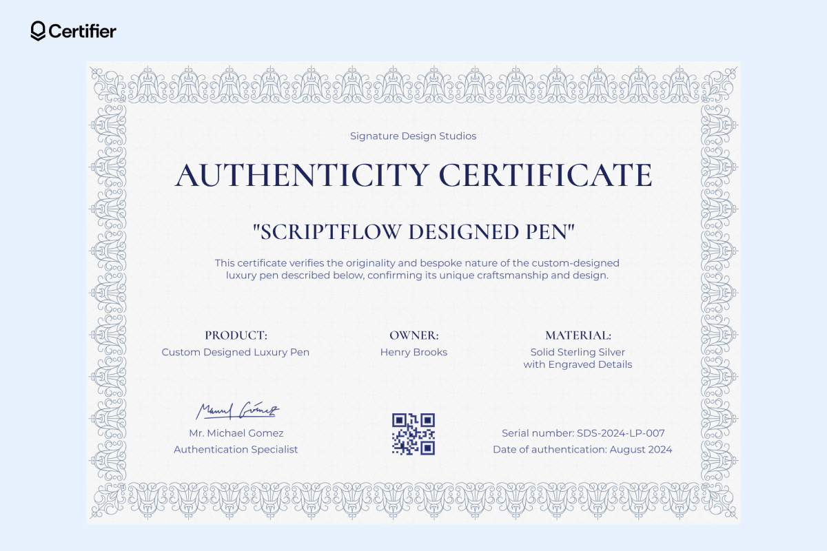 An authenticity certificate template for the 'Scriptflow Designed Pen,' confirming the bespoke design of the custom luxury pen. An authenticity certificate template for the 'Scriptflow Designed Pen,' confirming the bespoke design of the custom luxury pen.