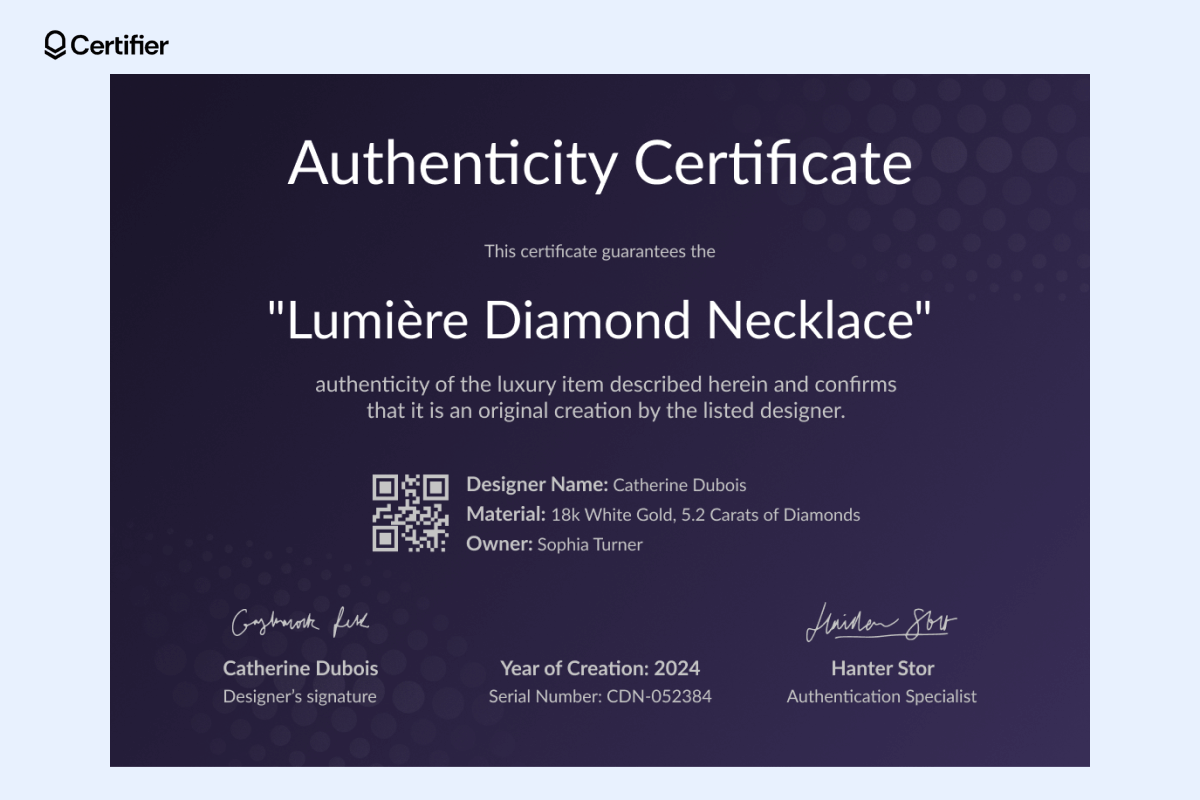 A free editable certificate of authenticity template Microsoft Word, showcasing a luxury item guarantee for a designer piece called 'Lumière Diamond Necklace.' A free editable certificate of authenticity template Microsoft Word, showcasing a luxury item guarantee for a designer piece called 'Lumière Diamond Necklace.'