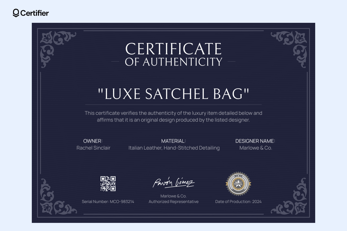 A free editable certificate of authenticity template Google Docs, certifying the authenticity of a luxury 'Luxe Satchel Bag.' A free editable certificate of authenticity template Google Docs, certifying the authenticity of a luxury 'Luxe Satchel Bag.'