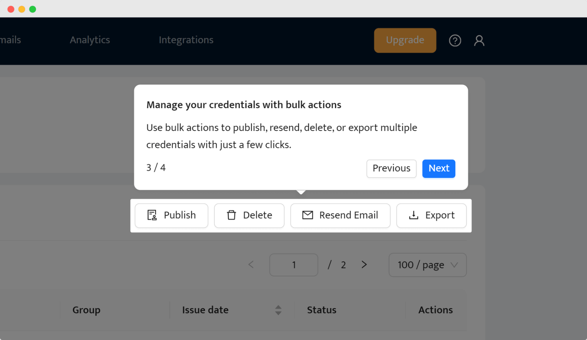 A pop-up in the credential management interface, showing options for bulk actions like publishing, resending, deleting, or exporting multiple certificates. A pop-up in the credential management interface, showing options for bulk actions like publishing, resending, deleting, or exporting multiple certificates.