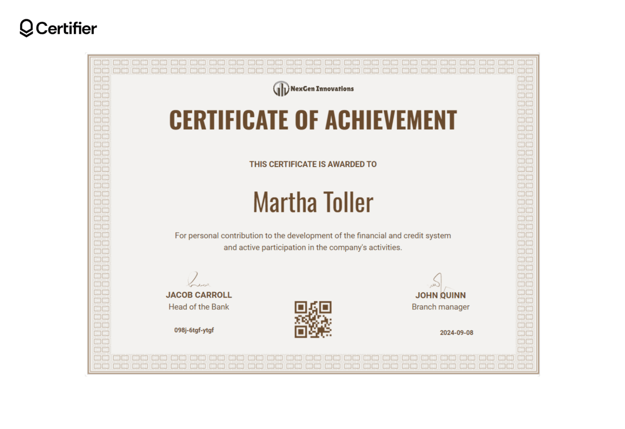 The certificate includes a QR code, date, signatures, and titles, exemplifying an editable certificate of achievement. The certificate includes a QR code, date, signatures, and titles, exemplifying an editable certificate of achievement.