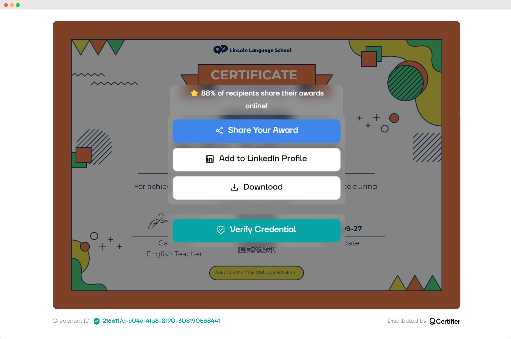 A digital certificate of achievement interface with options to share the award, add it to a LinkedIn profile, download it, and verify the credential. A digital certificate of achievement interface with options to share the award, add it to a LinkedIn profile, download it, and verify the credential.