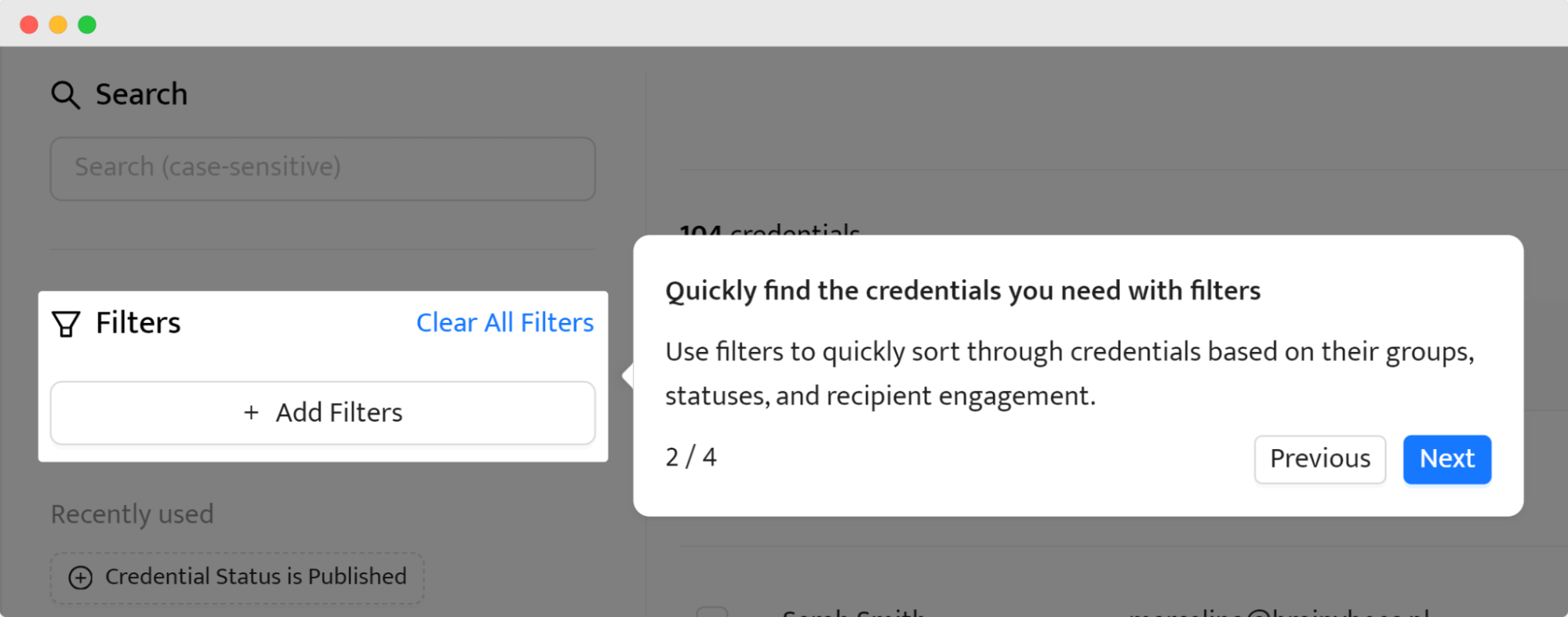 A credential management dashboard with a pop-up explaining how to use filters to sort through credentials based on groups, statuses, and recipient engagement. A credential management dashboard with a pop-up explaining how to use filters to sort through credentials based on groups, statuses, and recipient engagement.