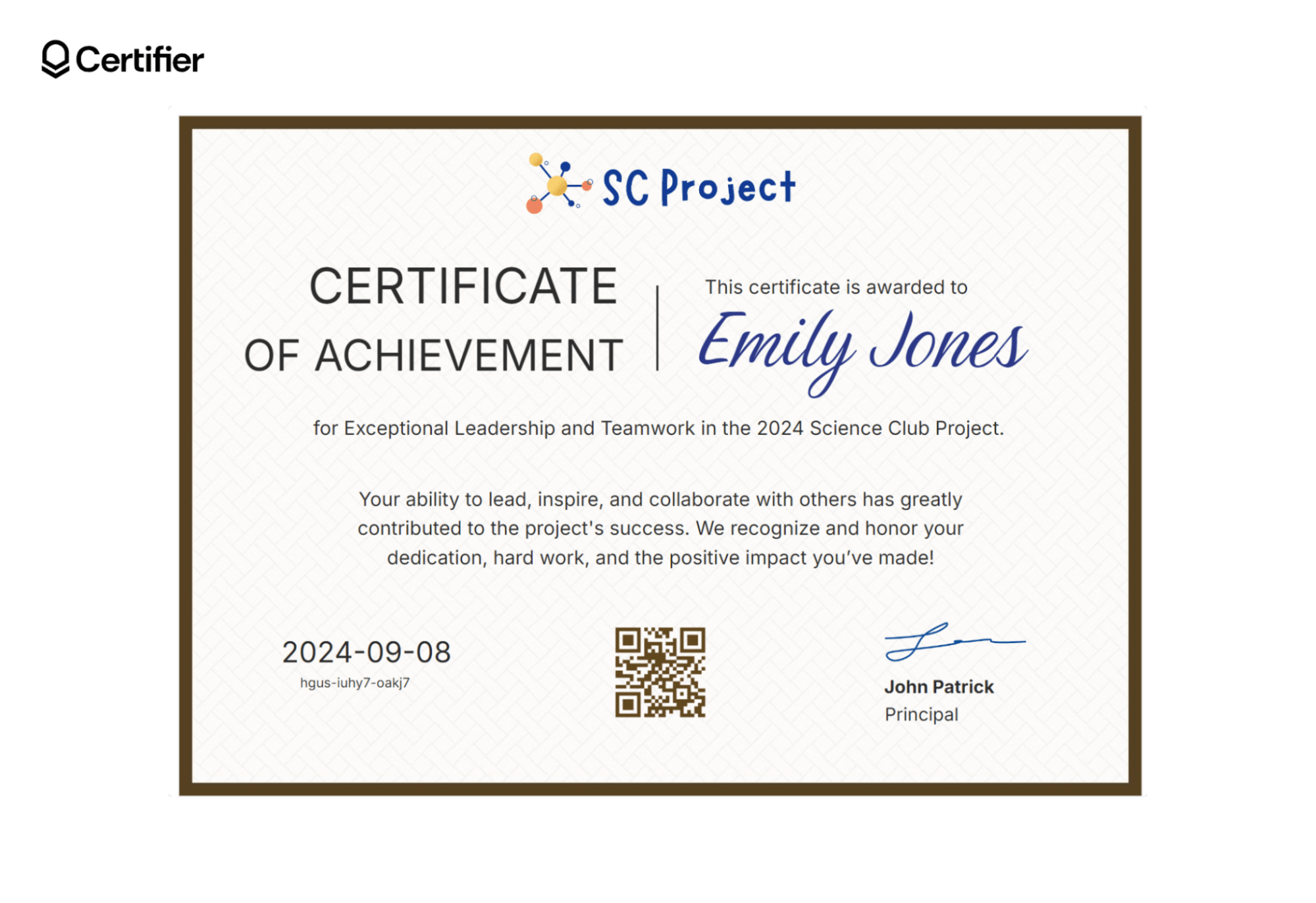 A certificate of achievement for students awarded for exceptional leadership and teamwork and completed goals. A certificate of achievement for students awarded for exceptional leadership and teamwork and completed goals.