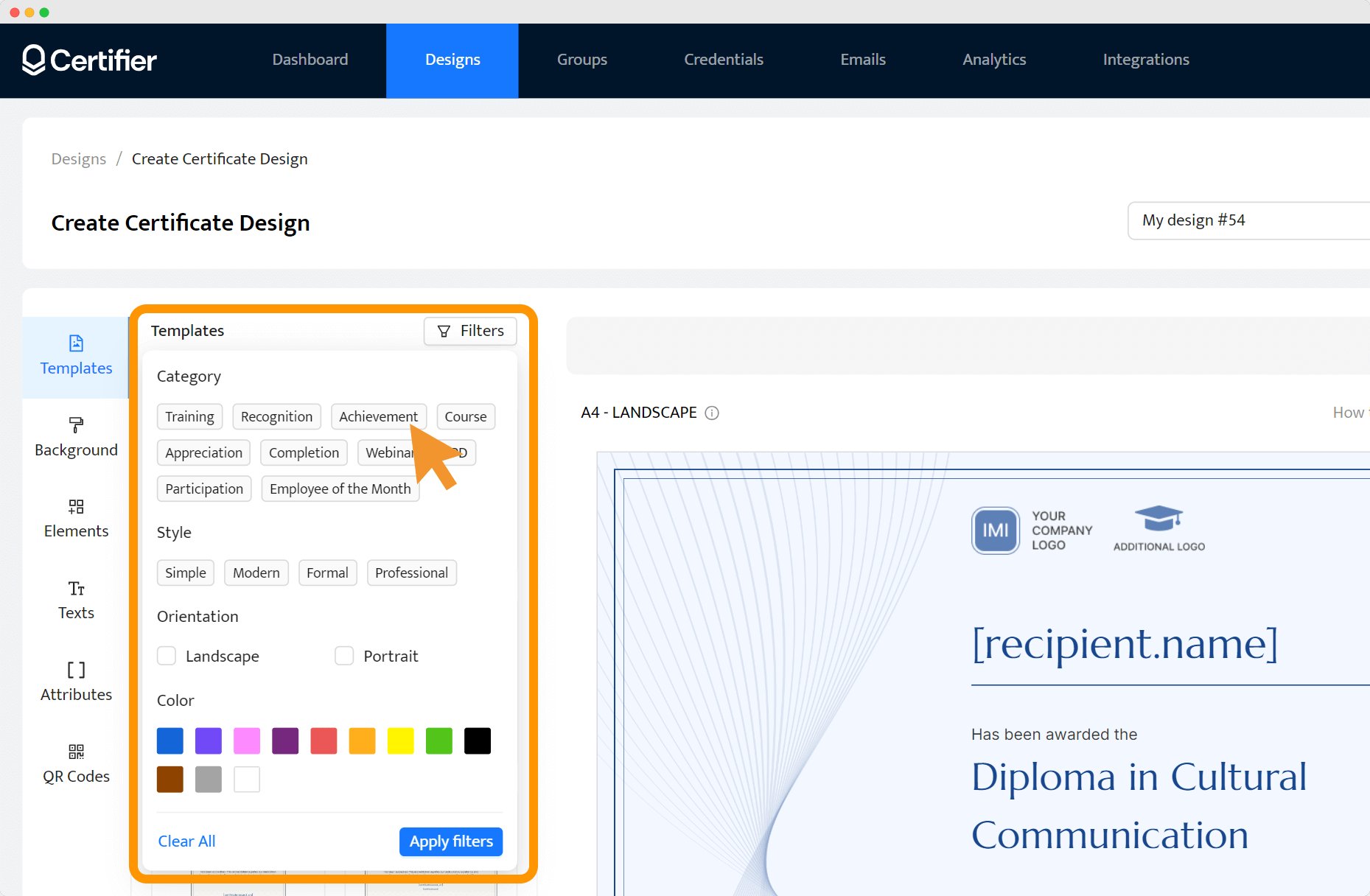 Certifier’s dashboard showing the template selection panel, illustrating the process of how to make a certificate of achievement. Certifier’s dashboard showing the template selection panel, illustrating the process of how to make a certificate of achievement.
