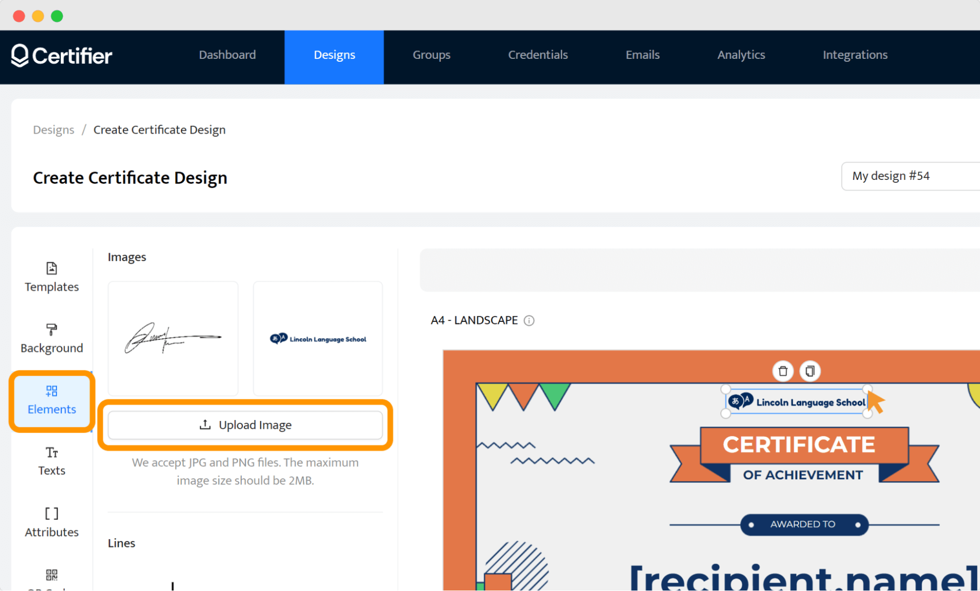 Certifier’s Designs tab displays the Certifier’s Designs tab displays the