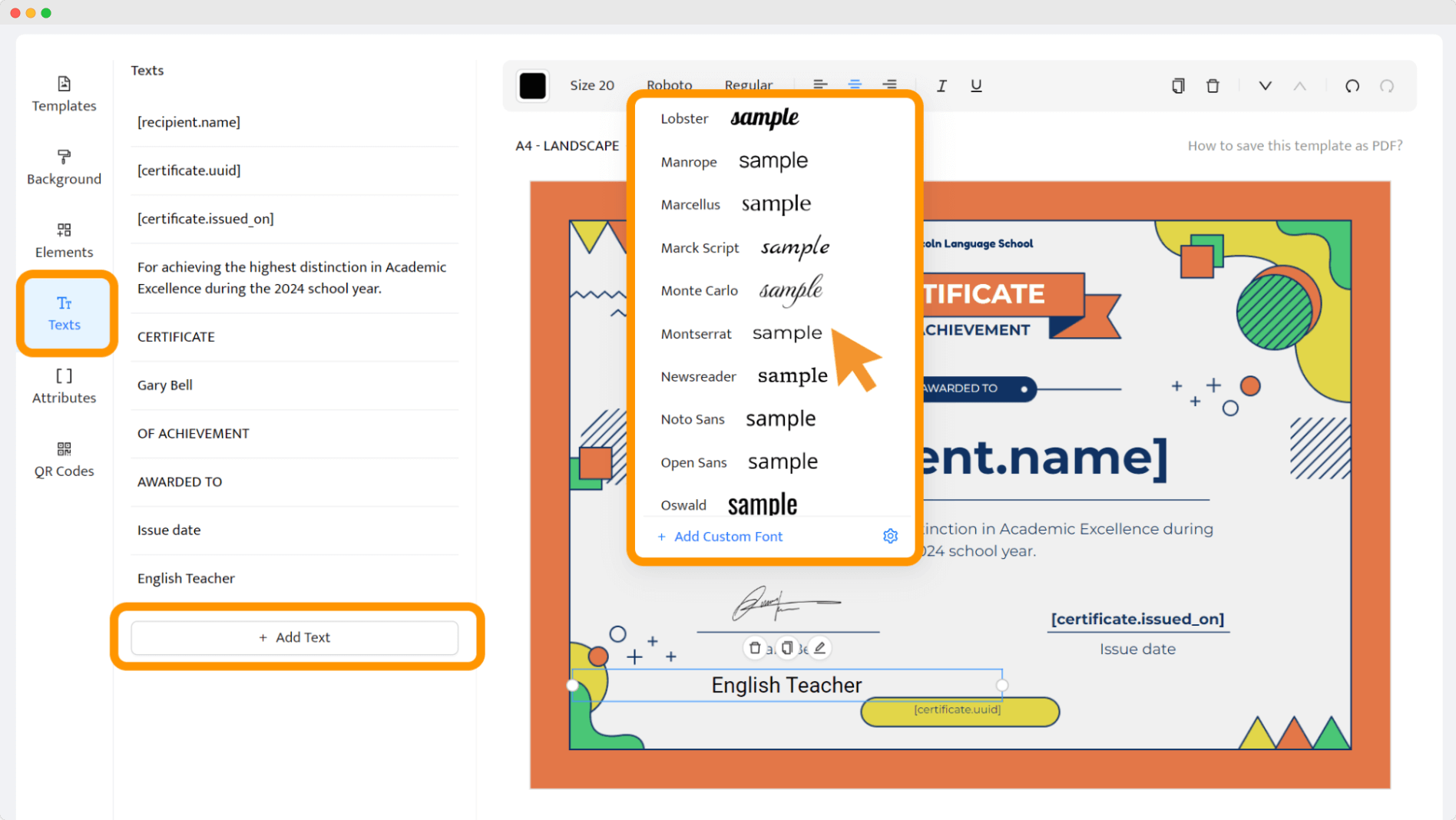 A cursor points to a font style, demonstrating customization in the process of how to make a certificate of achievement. A cursor points to a font style, demonstrating customization in the process of how to make a certificate of achievement.