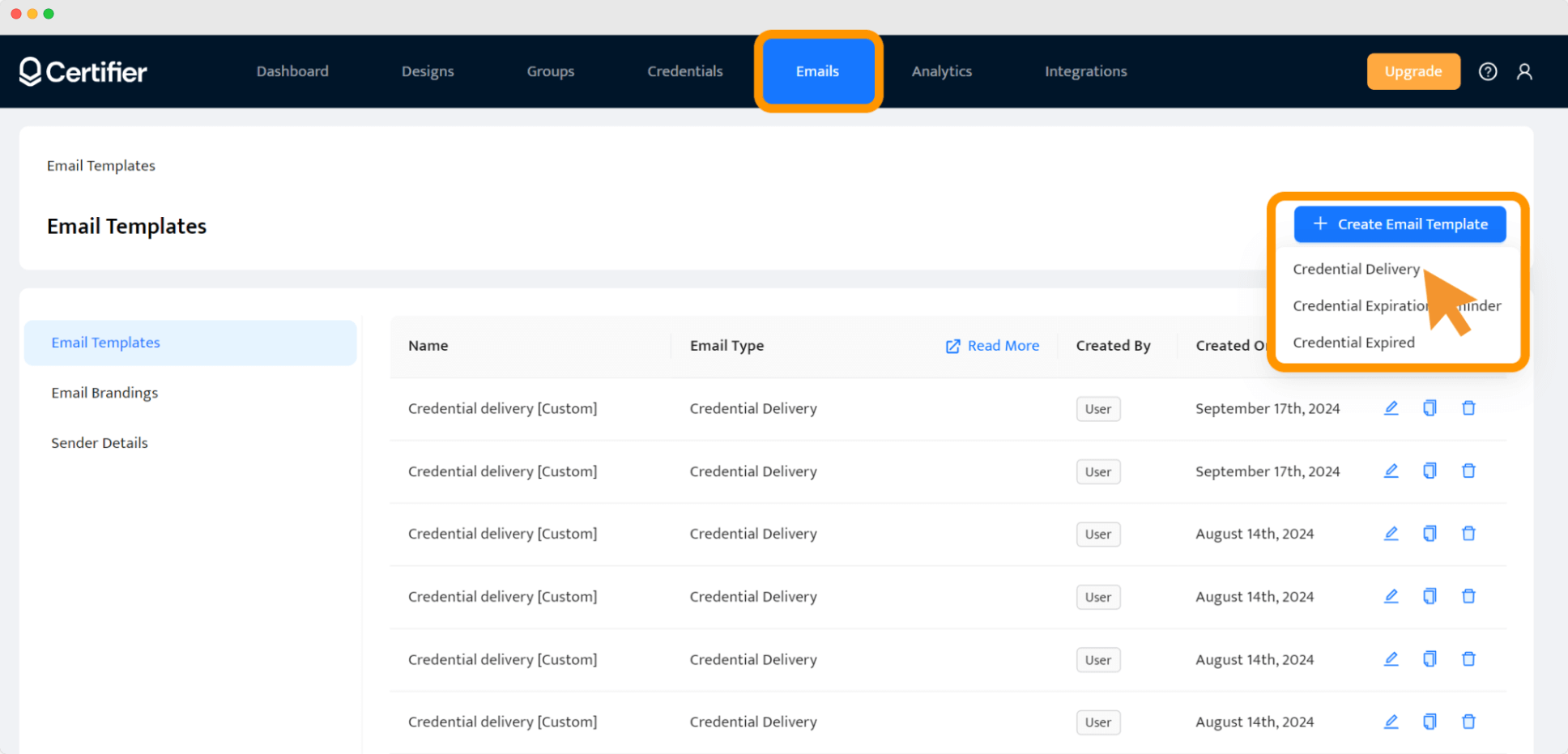 The Emails tab in Certifier with an option to The Emails tab in Certifier with an option to