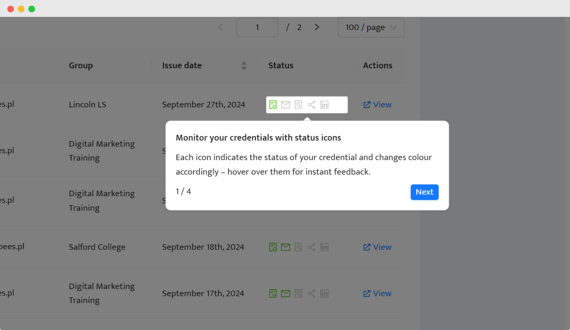 A pop-up explains how to monitor credentials using these icons, showcasing aspects of how to make a certificate of achievement and how to manage it effectively. A pop-up explains how to monitor credentials using these icons, showcasing aspects of how to make a certificate of achievement and how to manage it effectively.