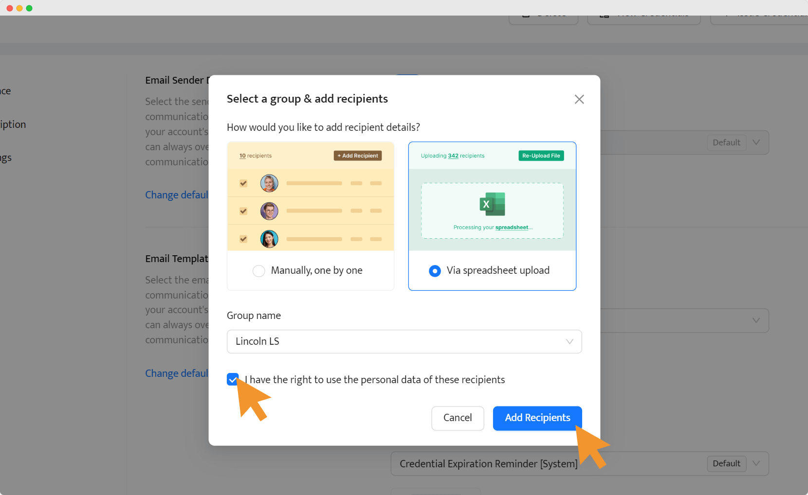 A pop-up window on a certificate platform showing options to add recipients either manually or via spreadsheet upload; part of the process of how to make certificate of achievement and distribute it to recipients. A pop-up window on a certificate platform showing options to add recipients either manually or via spreadsheet upload; part of the process of how to make certificate of achievement and distribute it to recipients.